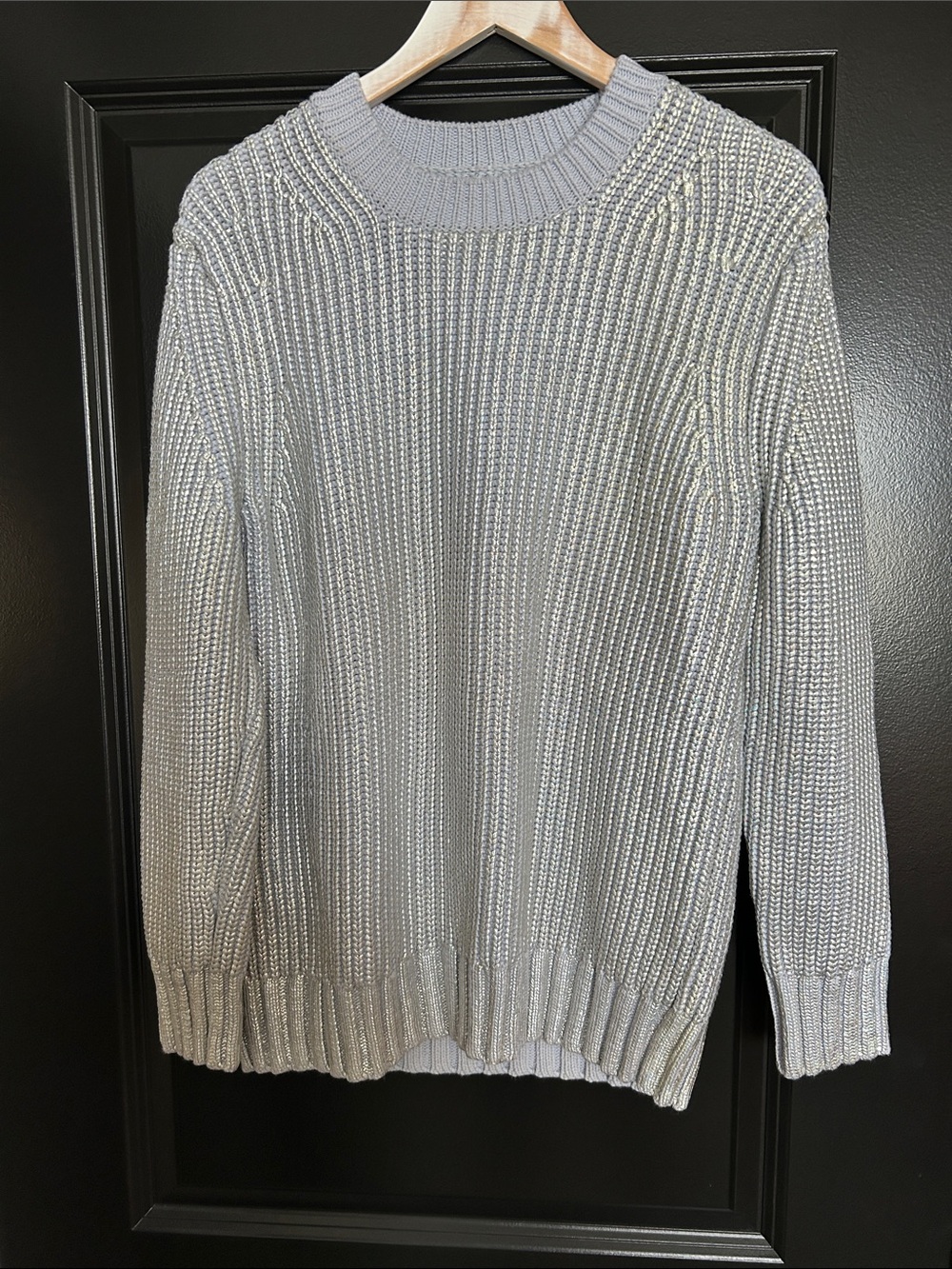 Kate Spade Saturday Metallic Silver Chunky Rib Knit Sweater L